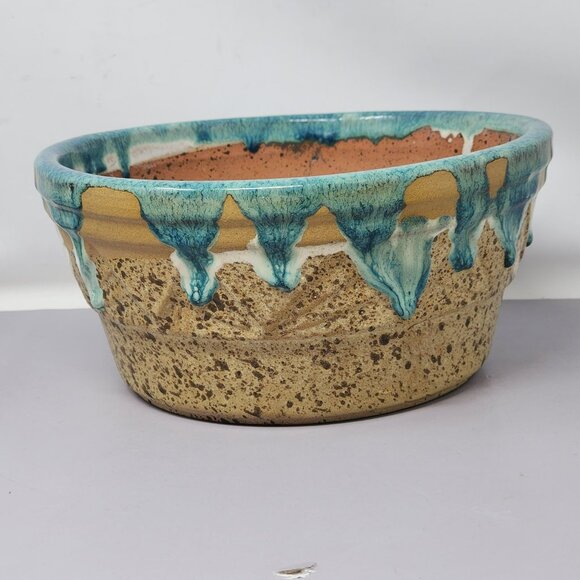 Handmade Clay Pottery Drip Glaze Bowl Turquoise & Speckled Tan Pottery - Picture 3 of 11
